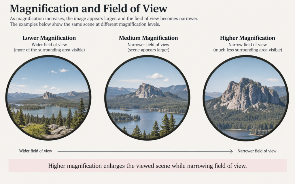 Conceptual diagram showing how increasing scope magnification narrows field of view