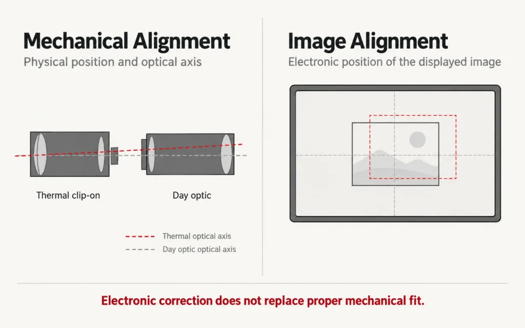 Conceptual alignment of a front thermal clip-on with a correctly oriented day optic