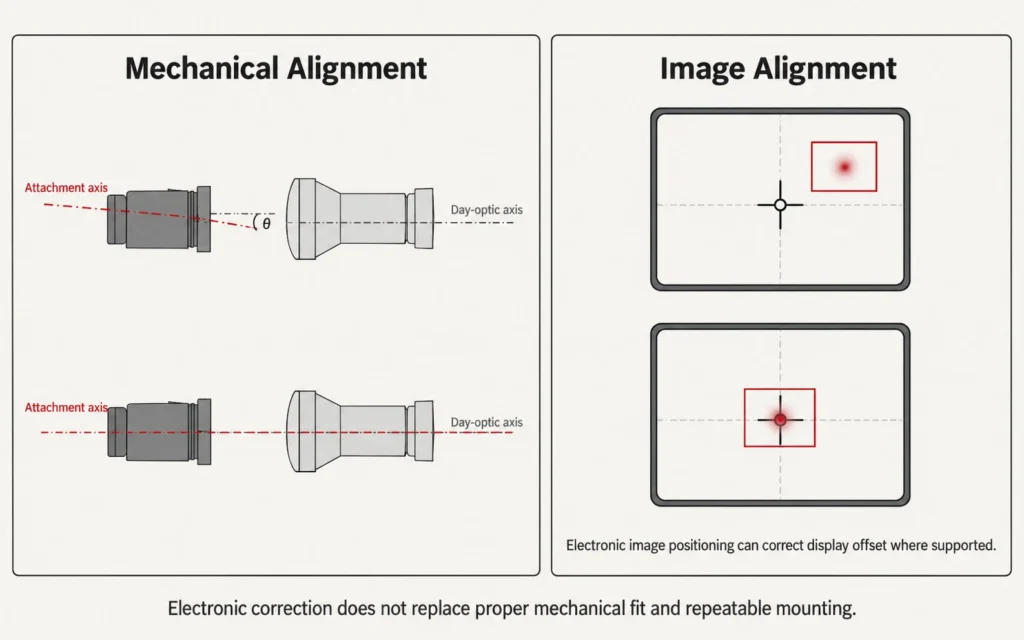 Diagram comparing mechanical alignment and image alignment in a front-mounted thermal clip-on system