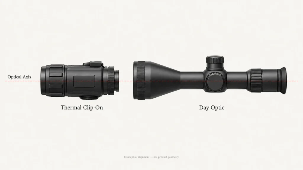 Diagram comparing mechanical optical-axis alignment with electronic image alignment in a thermal clip-on