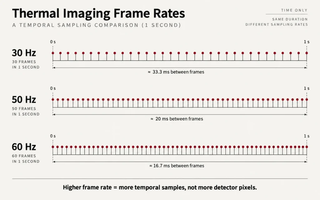 Diagram comparing 30 Hz, 50 Hz, and 60 Hz thermal imaging frame intervals