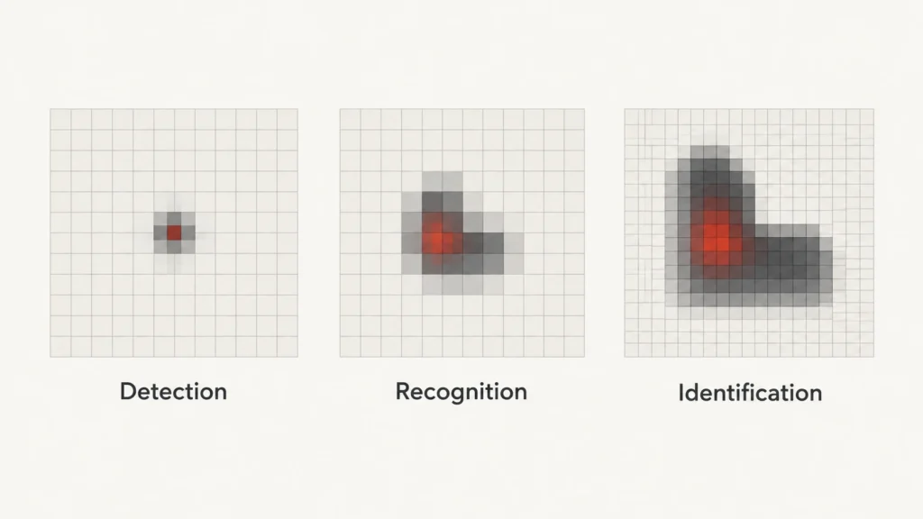 Conceptual illustration of detection, recognition, and identification stages in thermal imaging