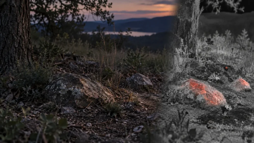 Natural outdoor scene with a conceptual overlay showing subtle infrared thermal contrast
