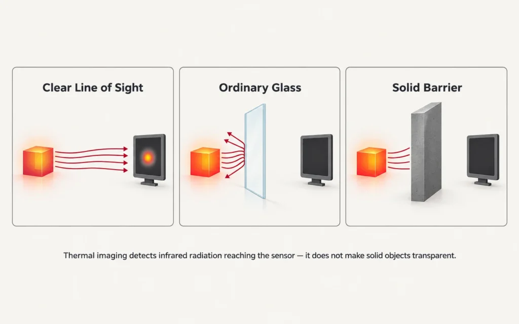 Conceptual diagram showing thermal imaging line-of-sight limits with ordinary glass and solid barriers