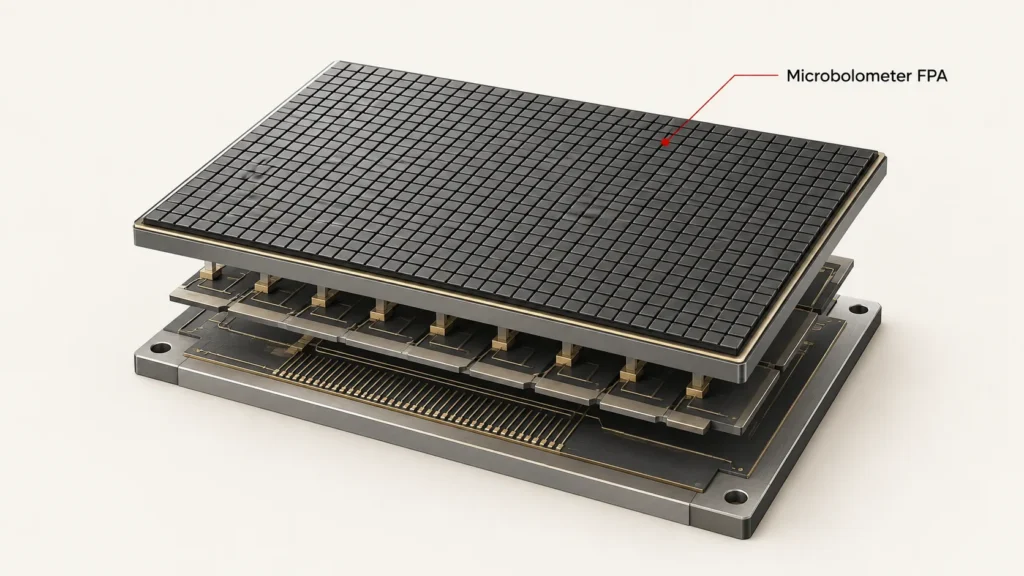 Illustration of a microbolometer focal plane array used in thermal imaging