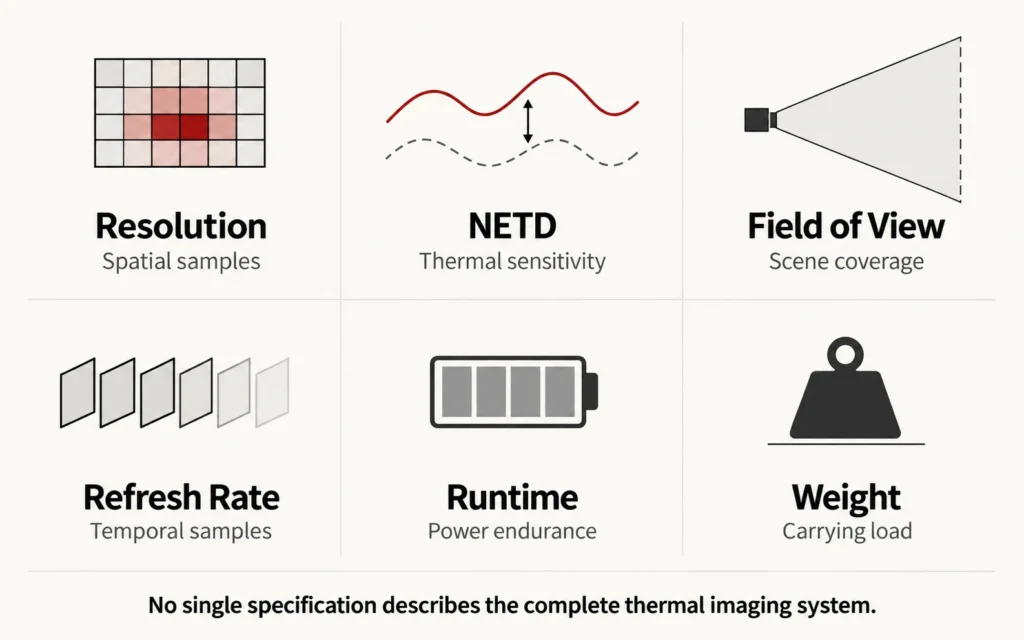 Diagram showing six key specifications used to compare thermal imaging scopes