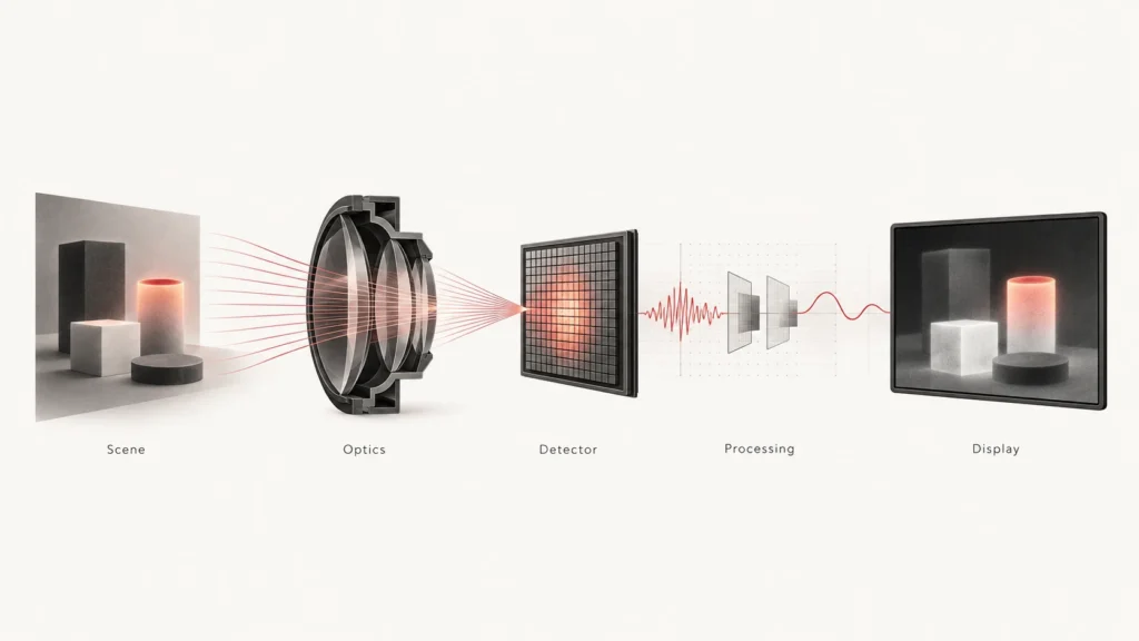 Illustration showing the thermal imaging chain from optics and detector to image processing and display