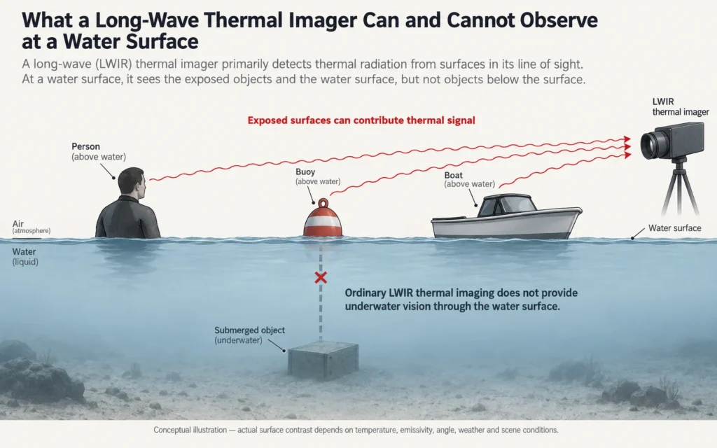 Diagram showing that thermal imaging can observe exposed surfaces but does not provide underwater vision through water