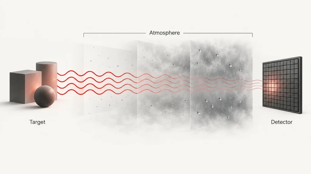 Illustration showing atmospheric moisture reducing infrared signal reaching a thermal detector