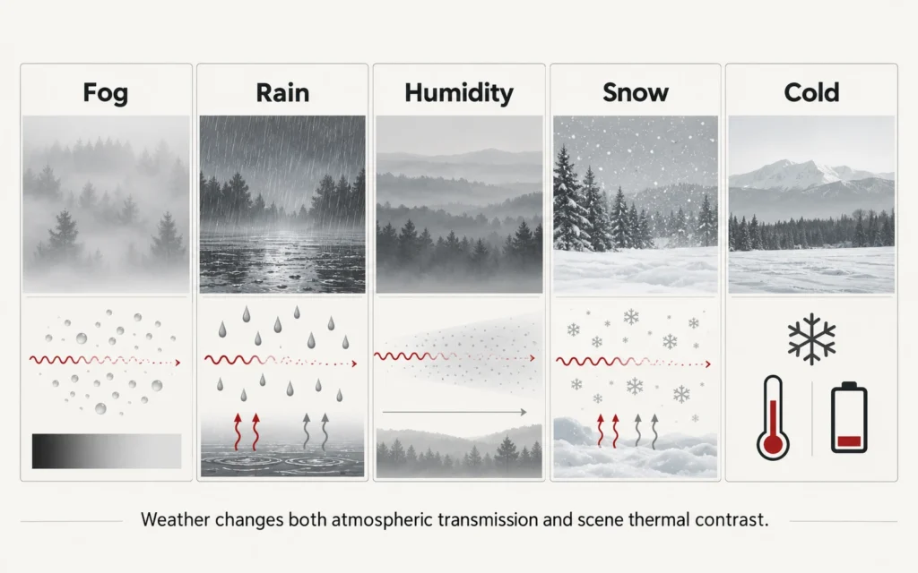 Diagram summarizing how fog, rain, humidity, snow, and cold affect thermal imaging