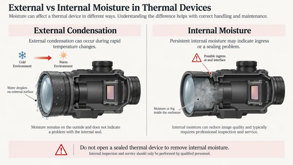 Diagram comparing external condensation with internal moisture ingress in a thermal device