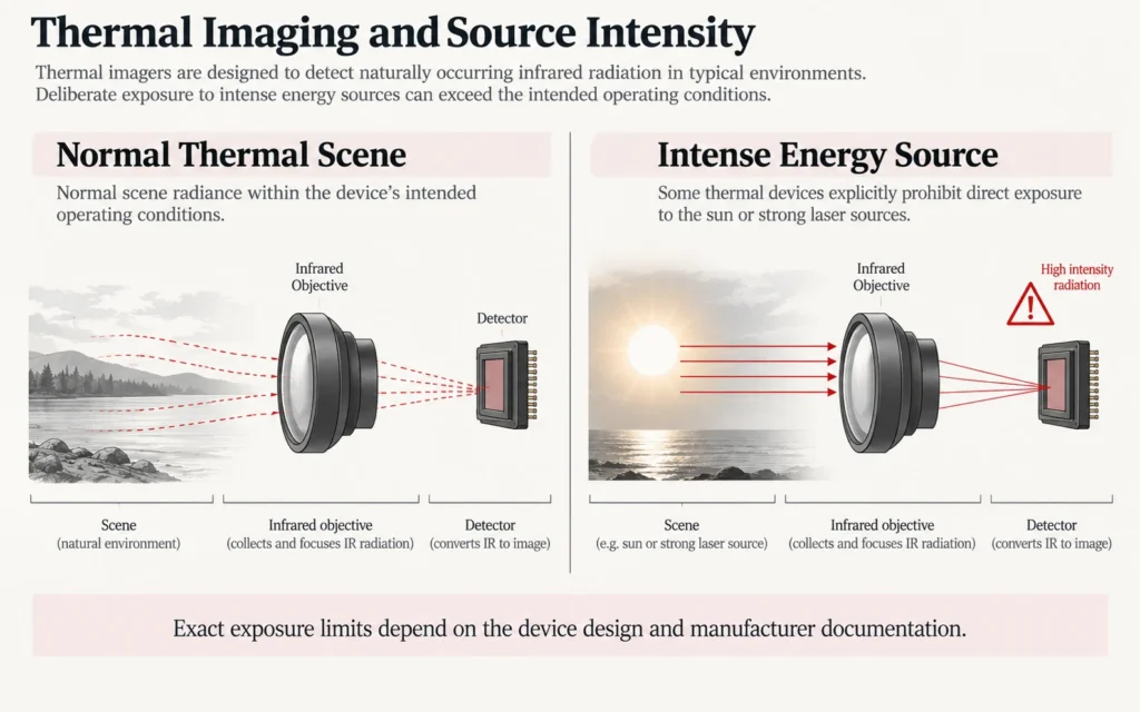 Diagram comparing normal thermal observation with exposure to an intense energy source