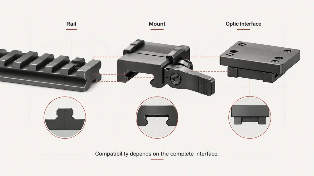 Conceptual illustration of rail, mount, and optic interface compatibility
