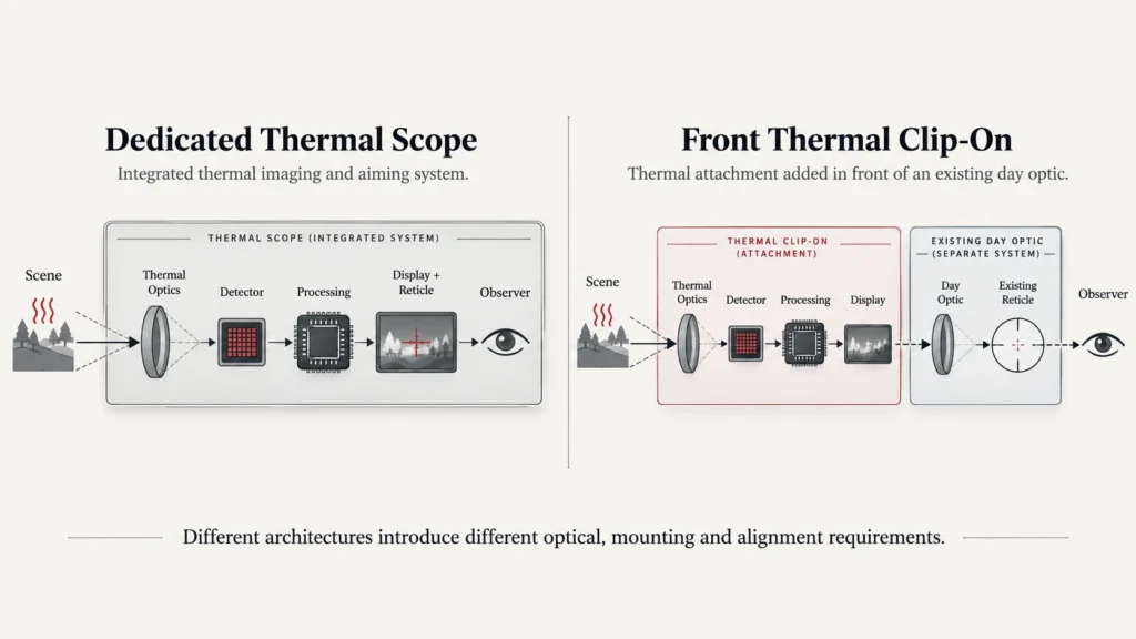 Conceptual comparison of dedicated thermal scope and front thermal clip-on system architecture