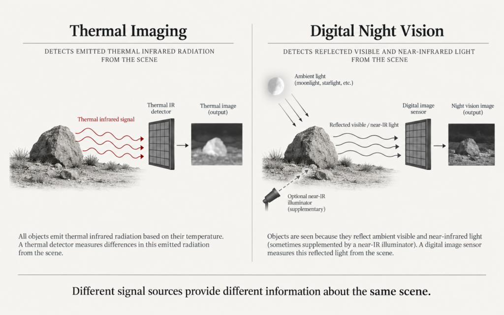 Diagram comparing thermal infrared imaging with reflected-light digital night vision