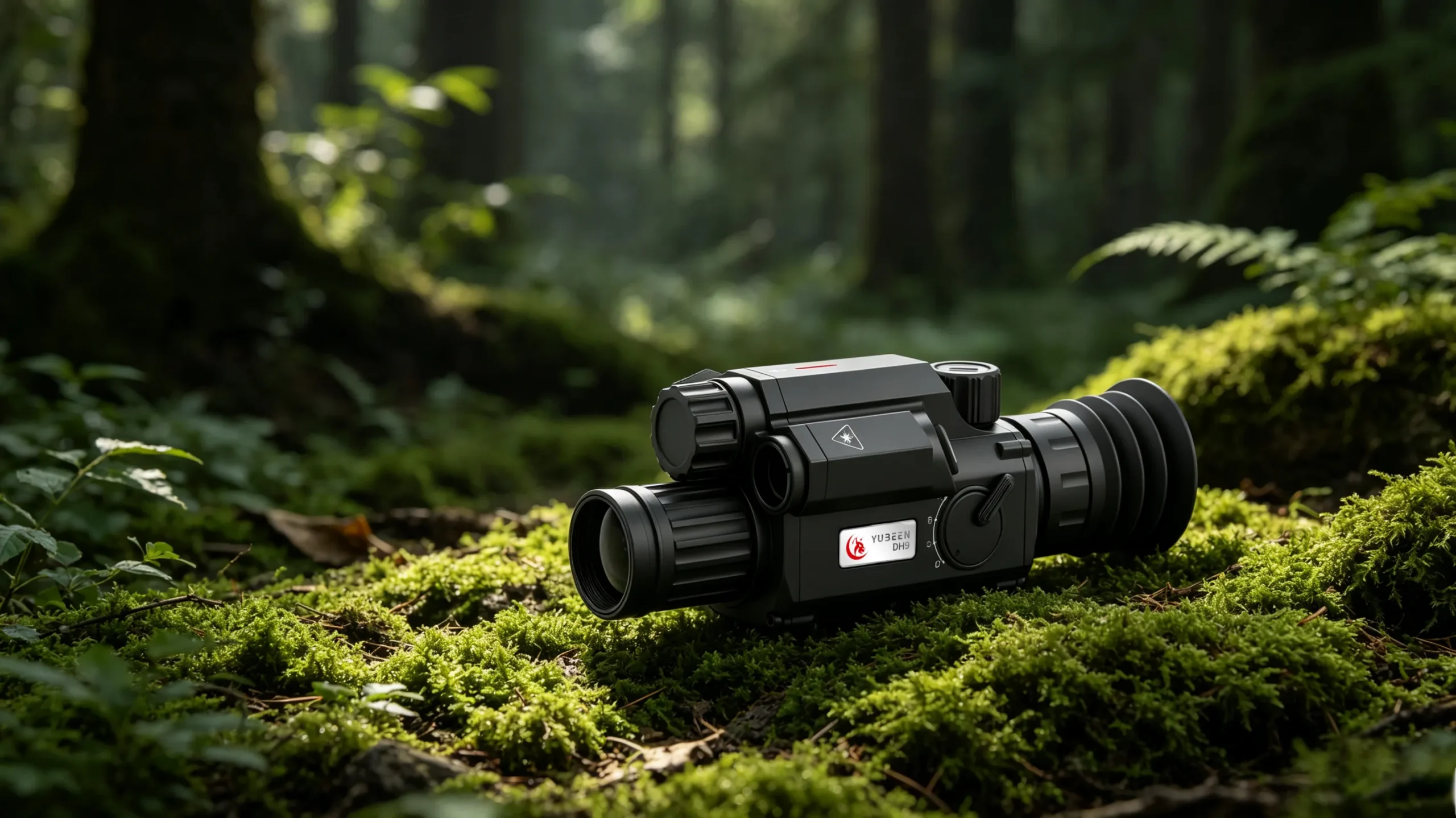 Yubeen DH9 digital day and night vision riflescope in a forest environment