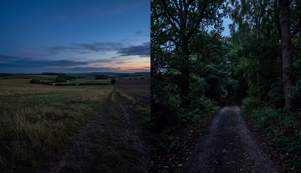 Open field and woodland lane at dusk, illustrating terrain differences for thermal vs night vision for coyote and hog hunting.