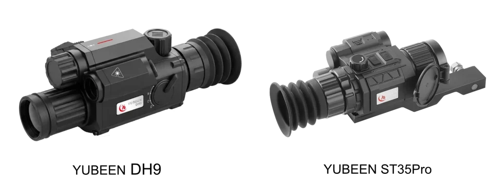 YUBEEN DH9 digital night vision scope and ST35Pro thermal imaging scope shown side by side.