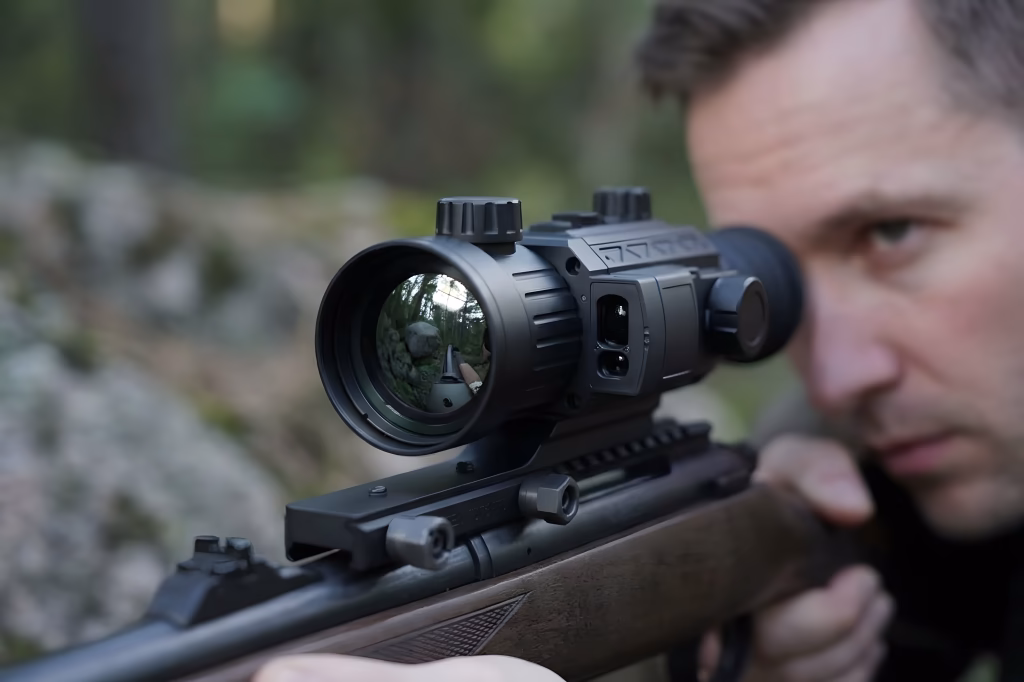 YUBEEN GX55L thermal imaging scope mounted on a hunting rifle in an outdoor setting